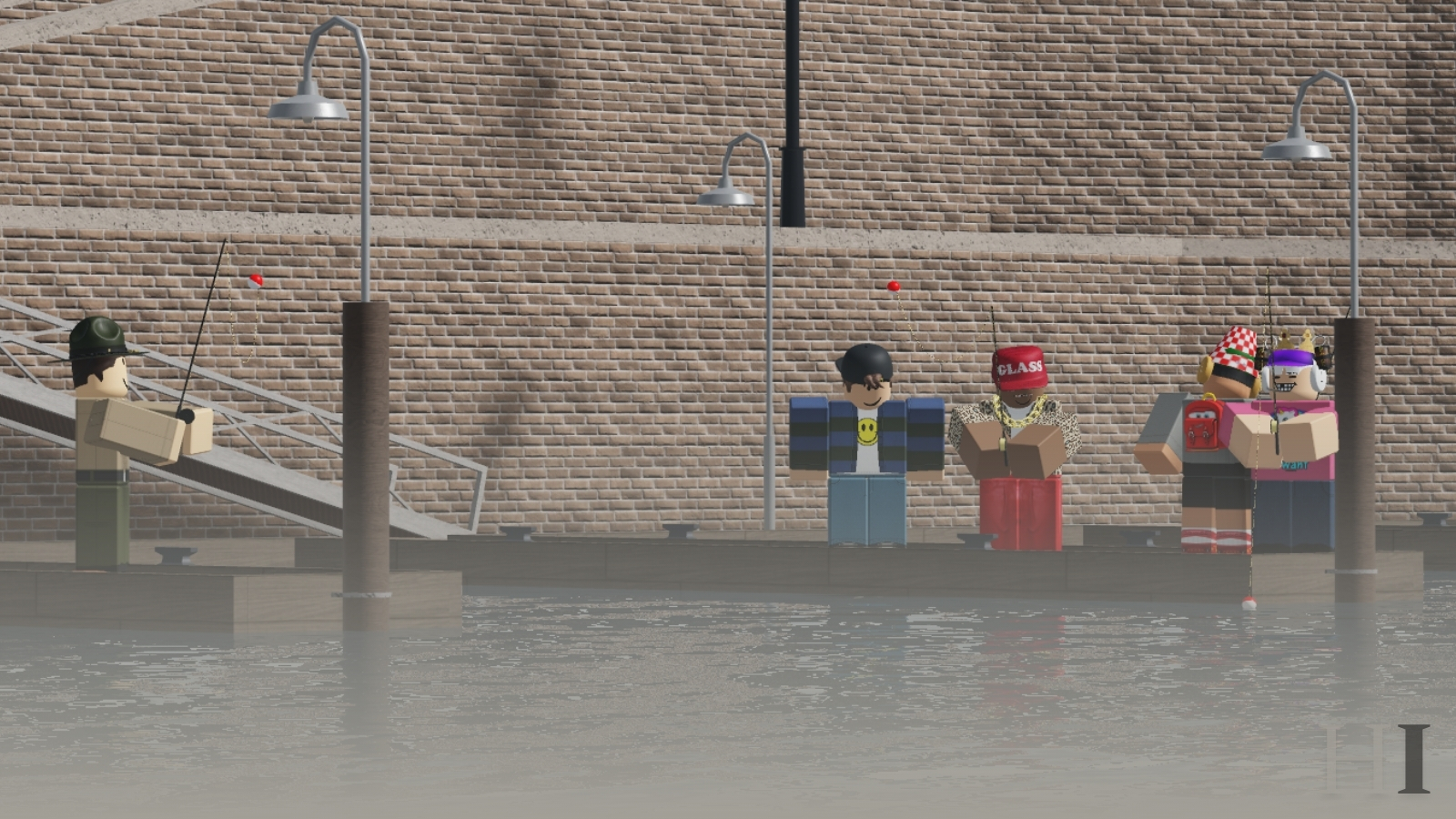 Residents fishing from the quay along the Harrison County waterfront.