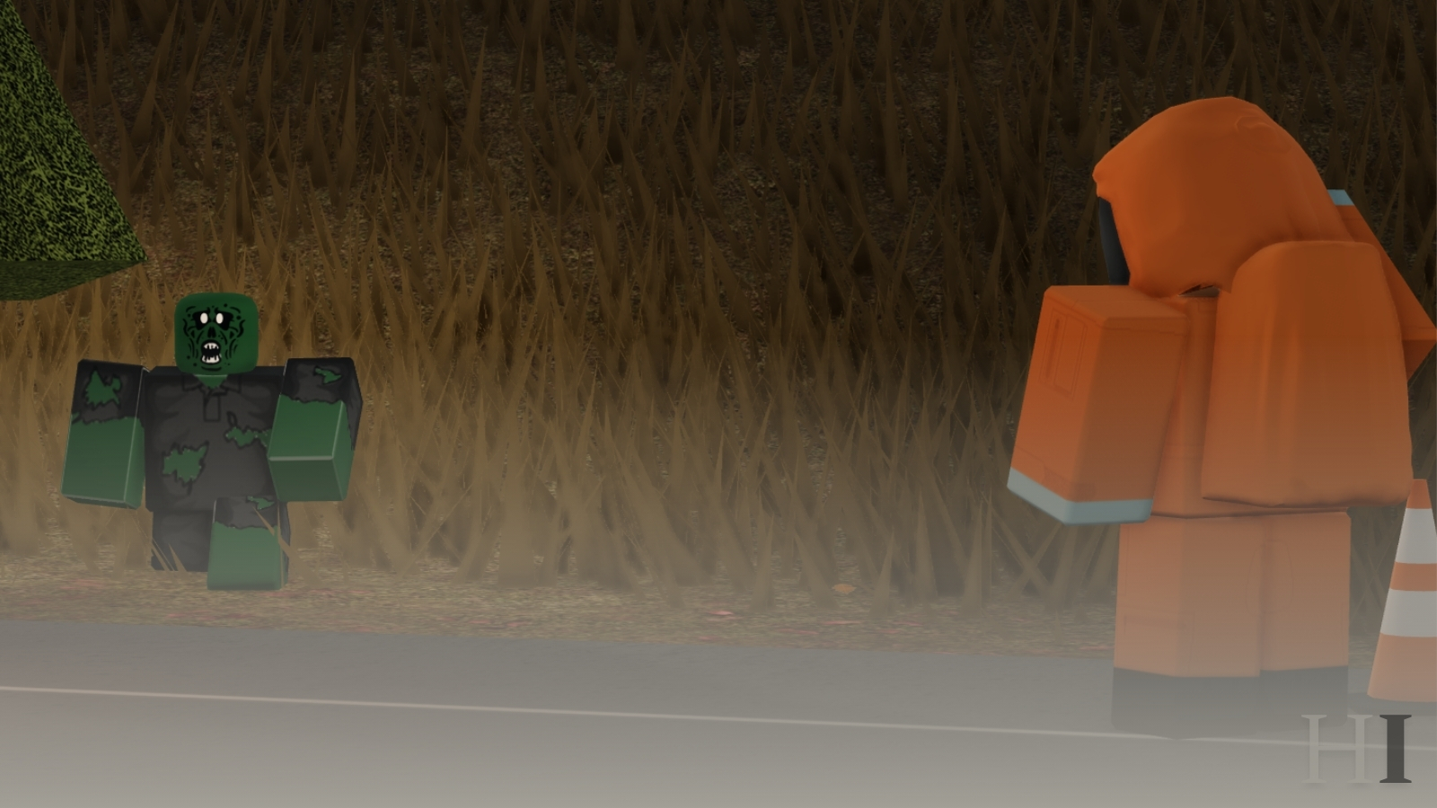 A person in an orange hazmat-style suit faces a green-skinned figure standing in tall roadside grass.